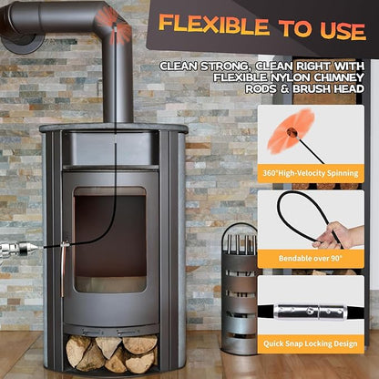 46 Feet Chimney Sweep Kit, Chimney Cleaning Kit with 14 Flexible Black Chimney Rods, Chimney Brush, Rotary Chimney Cleaning System Driven by Drill for Sweeping Fireplace