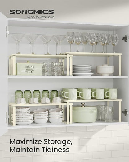 SONGMICS Cabinet Organizer Shelf, Set of 2 Kitchen Counter Shelves, Kitchen Storage, Spice Rack, Stackable, Expandable, Metal and Engineered Wood, Cream White UKCS200W02