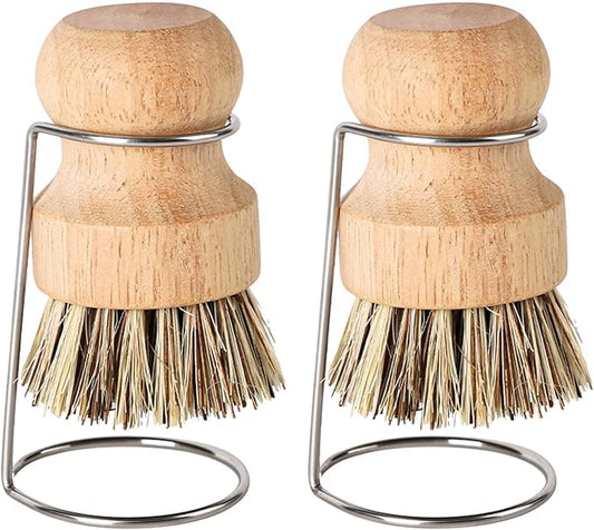 Natural Coconut Fiber Pot Scrubber Brushes with Quick-Dry Stand, Rubberwood Handle for Stubborn Pans & Kitchen Cleaning,2Pcs