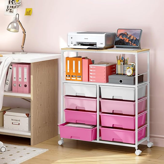Rolling cart with 8 drawers,Storage drawer cart with wooden tabletop,Lockable wheels organizer for homeschool, arts & crafts, classroom, office & creative spaces (Pink)