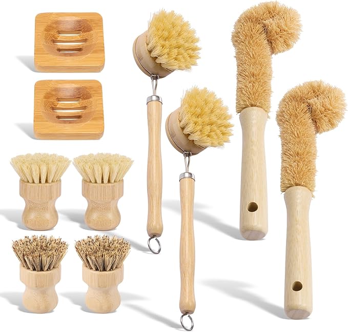 Bamboo Dish Brush Set Practical Dish Cleaning Brush Set Multifunctional Dish Washing Brush Set Ergonomic Kitchen Brush Set for Kitchen Cleaning Pots Pans Dishes (Log Color 10Pcs)