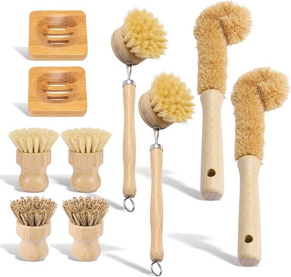 Bamboo Dish Brush Set Practical Dish Cleaning Brush Set Multifunctional Dish Washing Brush Set Ergonomic Kitchen Brush Set for Kitchen Cleaning Pots Pans Dishes (Log Color 10Pcs)