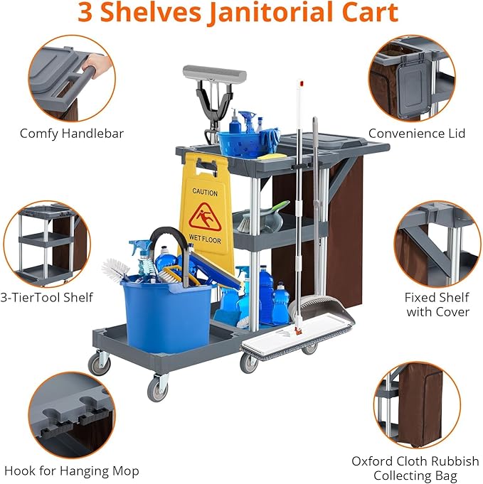 Commercial Janitorial Cart with Wheels, 3 Shelf Cleaning Trolley Cart with 16 Gallon Trash Bag, 220 Lbs Capacity Rolling Housekeeping Carts, Ideal for hotels, offices, classrooms, and residential buil