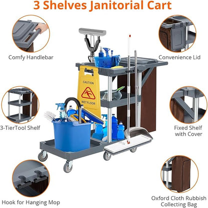 Commercial Janitorial Cart with Wheels, 3 Shelf Cleaning Trolley Cart with 16 Gallon Trash Bag, 220 Lbs Capacity Rolling Housekeeping Carts, Ideal for hotels, offices, classrooms, and residential buil