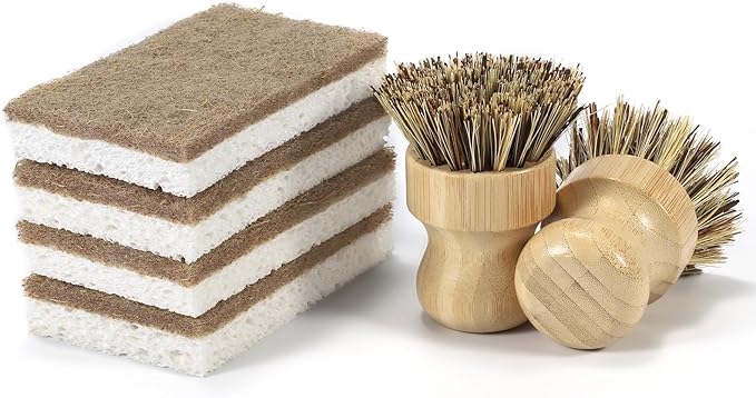 6 Pack Bamboo Dish Brush Set - 2pcs Palm Dish Scrubber and 4 Pieces Natural Kitchen Sponge for Dishes, Pots and Vegetables