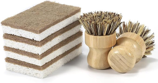 6 Pack Bamboo Dish Brush Set - 2pcs Palm Dish Scrubber and 4 Pieces Natural Kitchen Sponge for Dishes, Pots and Vegetables