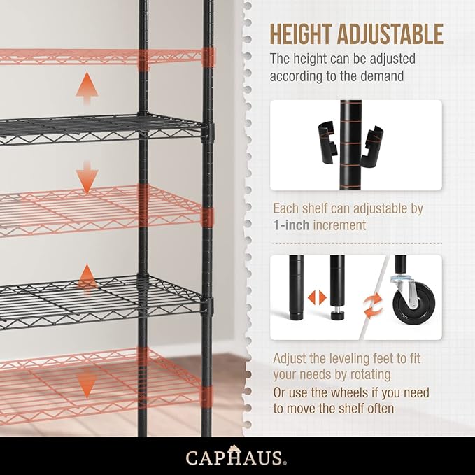 CAPHAUS NSF Heavy Duty Wire Shelving w/Wheels, Leveling Feet & Liners, Storage Metal Shelf, Garage Shelving Storage, Utility Wire Rack Storage Shelves, W/White Clear Liner, 48 x 18 x 76 6-Tier