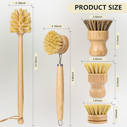 5 Pack Bamboo Dish Brush Set, Wooden Dish Brush with 14’’ Bottle Brush, Natural Kitchen Scrub Brush for Dishes Pots, Pans, Sinks, Woks, Vegetables