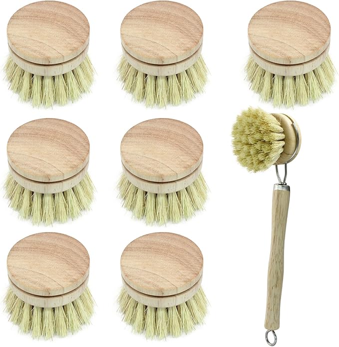 8Pcs Wooden Dish Brush Set, 8Pcs Bamboo Scrub Brush Replacement Heads and 1 Handle for Kitchen Pots and Pans Cleaning Supplies(Sisal)