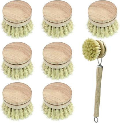 8Pcs Wooden Dish Brush Set, 8Pcs Bamboo Scrub Brush Replacement Heads and 1 Handle for Kitchen Pots and Pans Cleaning Supplies(Sisal)
