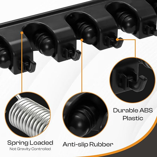 Heavy Duty ABS Plastic Broom Holder with 5 Slots and 6 Hooks | Wall Mount Mop and Broom Hanger | Waterproof Broom Organizer with Screws| Wall Mount Tool Organizer for Garage Storage