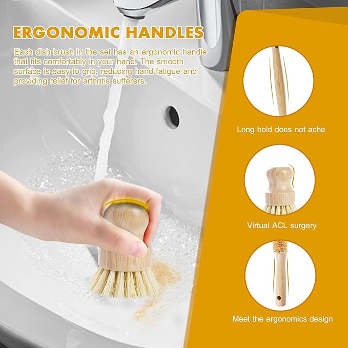 6 Piece Bamboo Dish Brush Set with Coconut Sponge - Wooden Dish Brush with Sisal and Palm Fiber, Natural Bamboo Dish Scrub Brush for Kitchen Cleaning Dishes, Pots, Pans, Bottles, Vegetables