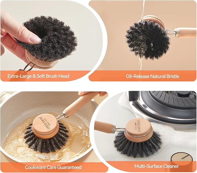 Wooden Dish Brush Natural Bristle Pot Pan Bowl Scrubber Brush - Non-Scratch, Grease Absorbent, Household Cleaning Brushes Gentle for Non-Stick & Cast Iron Cookware- Cleaning Tool Set of 2