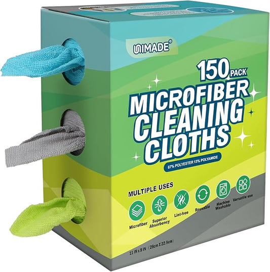 Microfiber Cleaning Cloth, 150 Pack Reusable Paper Towels Microfiber Towels for Cars Lint Free Washable Tissues Shop Rags with Dispenser Box for Home Kitchen Automotive, 11"x 9", Multicolor
