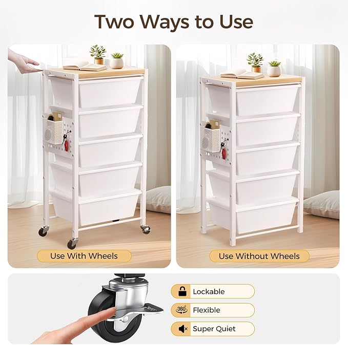 Rolling Cart with 5 Drawers, Plastic Drawer Storage Carts with Wheels & Wooden Tabletop, Metal Utility Cart with Pegboards, Office Living Room Classroom Craft Organization and Storage, Bright White