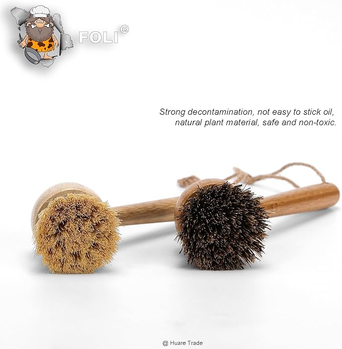 FOLI Bamboo Handle Dish Scrub Brushes - Wooden Cleaning Scrubbers with Stiff Bristles for Washing Kitchen Cast Iron Pan Pot (2PCS with Sisal & Palm Bristles, Long Handle)