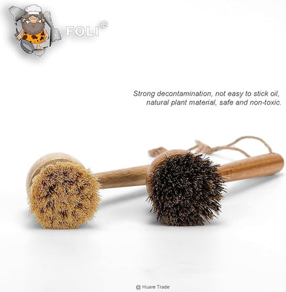 FOLI Bamboo Handle Dish Scrub Brushes - Wooden Cleaning Scrubbers with Stiff Bristles for Washing Kitchen Cast Iron Pan Pot (2PCS with Sisal & Palm Bristles, Long Handle)