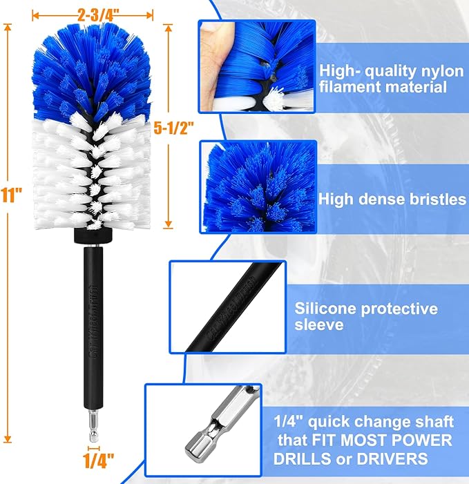 Wheel Brush Kit,Soft Drill Wheel Cleaner Brush, No Scratches Highly Dense Car Cleaning Brush Set for Wheels, Tire, Rims, Engines, Exhaust(Blue + White 3 Pk)