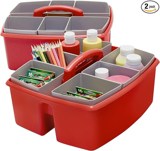 Storex Large Classroom Caddy with Cups, 13 x 11 x 6.575 Inches, Red, Case of 2 (00981A02C)