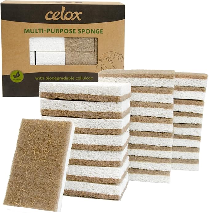 CELOX 24 Pack Coconut Fiber Biodegradable Sponges, Non Scratch Kitchen Cleaning Sponge, Eco-Friendly Dual-Sided Sponge for Dishwashing