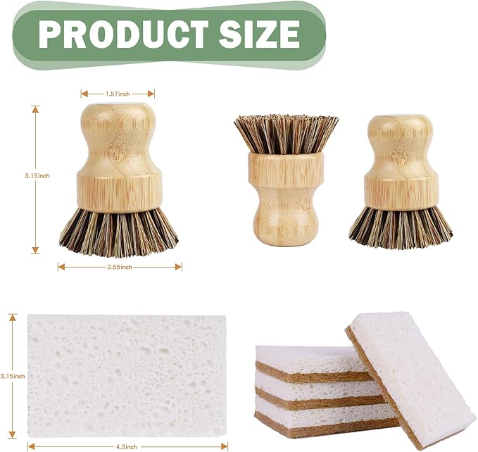 6 Pack Bamboo Dish Brush Set - 2pcs Palm Dish Scrubber and 4 Pieces Natural Kitchen Sponge for Dishes, Pots and Vegetables