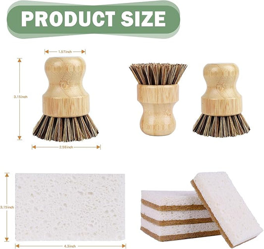 6 Pack Bamboo Dish Brush Set - 2pcs Palm Dish Scrubber and 4 Pieces Natural Kitchen Sponge for Dishes, Pots and Vegetables