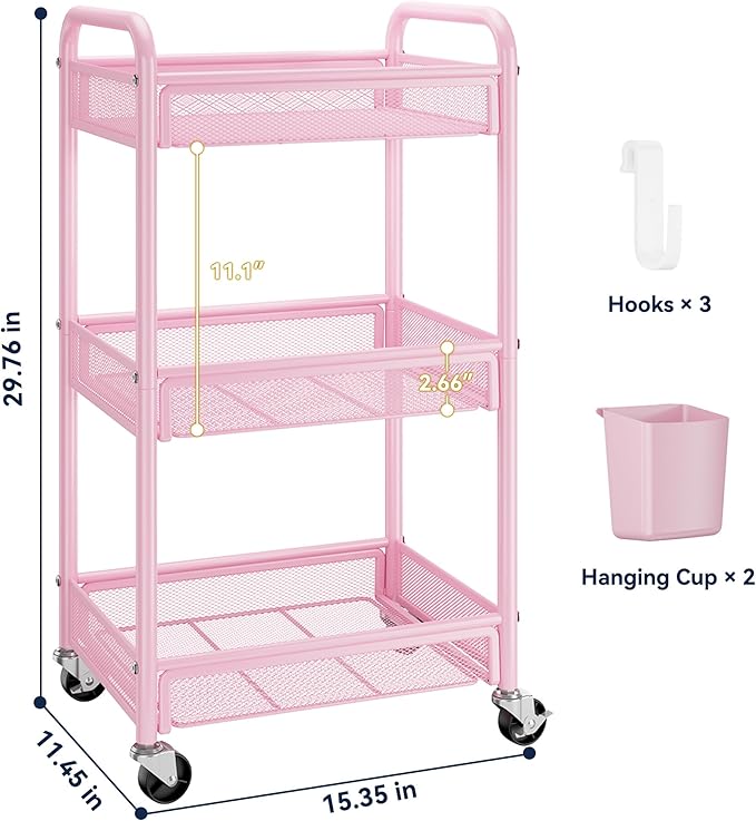 YASONIC 3 Tier Rolling Cart – Metal Utility Storage Cart with Wheels, Craft Cart Organizer with Hanging Cups, Hooks, Mesh Basket for Bedside Kitchen Office Art, Pink