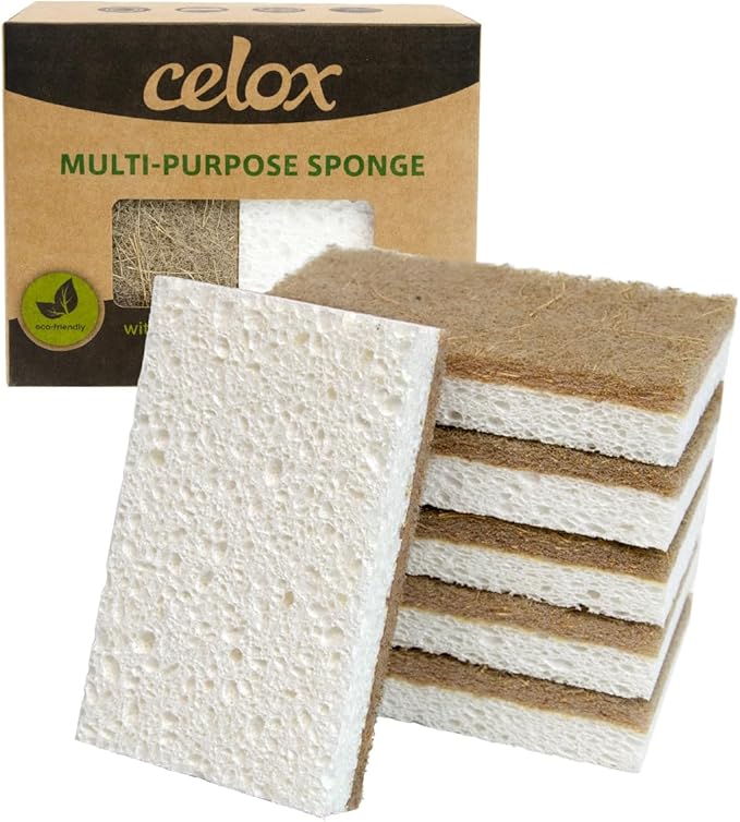 CELOX 6 Pack Coconut Fiber Biodegradable Sponges, Non Scratch Kitchen Cleaning Sponge, Eco-Friendly Dual-Sided Sponge for Dishwashing