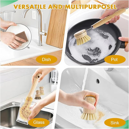 6 Piece Bamboo Dish Brush Set with Coconut Sponge - Wooden Dish Brush with Sisal and Palm Fiber, Natural Bamboo Dish Scrub Brush for Kitchen Cleaning Dishes, Pots, Pans, Bottles, Vegetables