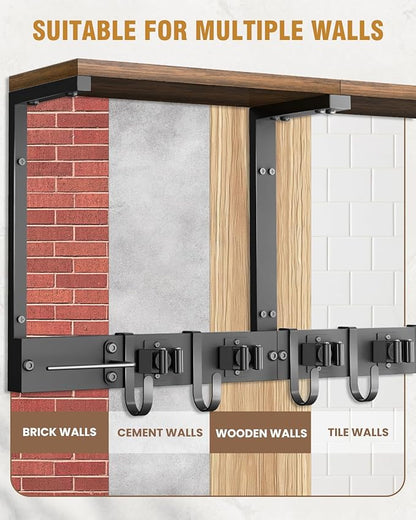 Broom Holder Wall Mount with Top Wooden Shelf, Heavy Duty Metal Cleaning Supplies Broom Hanger with Vacuum Organizer and 5 Slots & 5 Hooks for Garage Tool Storage Laundry Kitchen (Large)
