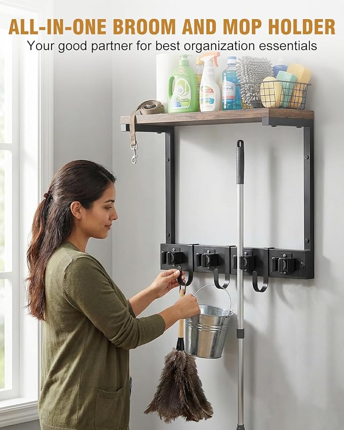 Broom Holder Wall Mount with Top Wooden Shelf, Heavy Duty Metal Cleaning Supplies Broom Hanger with 4 Slots & 3 Hooks for Laundry Garage Tool Storage Kitchen (Small)