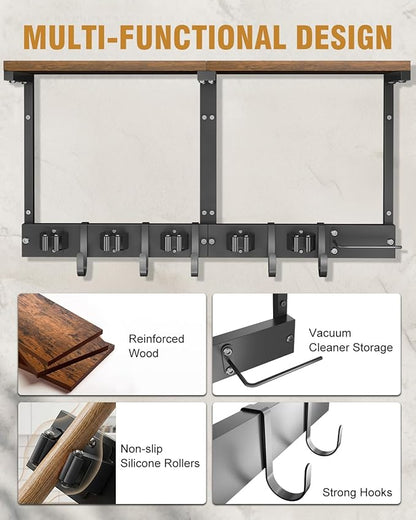 Broom Holder Wall Mount with Top Wooden Shelf, Heavy Duty Metal Cleaning Supplies Broom Hanger with Vacuum Organizer and 5 Slots & 5 Hooks for Garage Tool Storage Laundry Kitchen (Large)