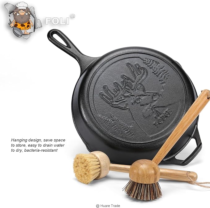 FOLI Bamboo Handle Dish Scrub Brushes - Wooden Cleaning Scrubbers with Stiff Bristles for Washing Kitchen Cast Iron Pan Pot (2PCS with Sisal & Palm Bristles, Long Handle)