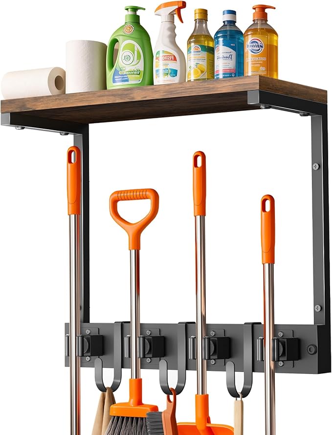 Broom Holder Wall Mount with Top Wooden Shelf, Heavy Duty Metal Cleaning Supplies Broom Hanger with 4 Slots & 3 Hooks for Laundry Garage Tool Storage Kitchen (Small)