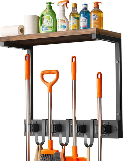 Broom Holder Wall Mount with Top Wooden Shelf, Heavy Duty Metal Cleaning Supplies Broom Hanger with 4 Slots & 3 Hooks for Laundry Garage Tool Storage Kitchen (Small)