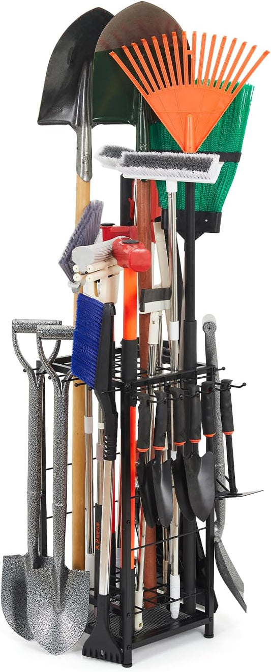 Garden Tool Organizer Holds 50 Long-Handled Tools/Rakes/Brooms/Shovles for Garage Organization and Storage, Shed, Outdoor, Lawn, Heavy-Duty Steel, Black, Easy Assembly (Corner Tool Organizer)