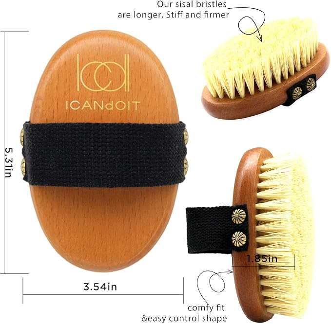 ICANdOIT Dry Brushing Body Brush-Stiff Sisal Bristles Dry Skin Brush,Exfoliating Massage Brush for Cellulite and Lymphatic,Improve Circulation,Stop Ingrown Hairs,Reduce Acne,Soften Skin