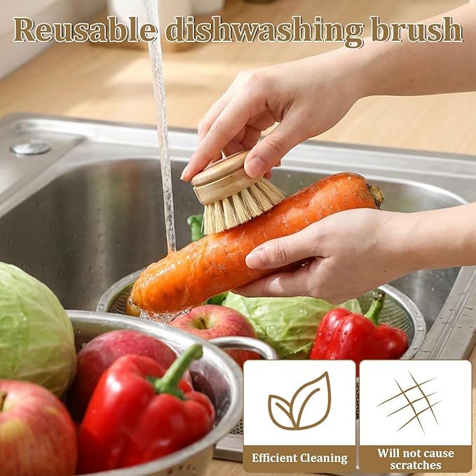 6 Pcs Bamboo Dish Brush Replacement Heads, 1.9 x 1.6 Inch Natural Sisal Bristle Scrubber Wooden Kitchen Dish Brushes for Pots, Pans, Bowls, Dishes Cleaning