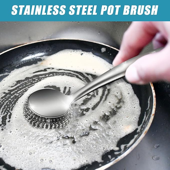 Steel Wool Scrubber Dish Brush Set with Handle, Deep Cleaning Scrubber Set Dish Brush for Cleaning Pans, Grills, Stoves (A)