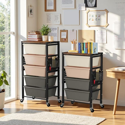 Rolling Cart with 5 Drawers, Plastic Drawer Storage Carts with Wheels & Wooden Tabletop, Metal Utility Cart with Pegboards, Office Living Room Classroom Craft Organization and Storage, Dark Brown