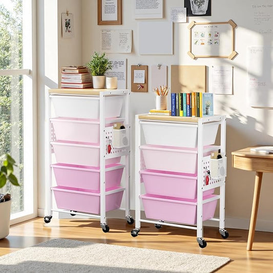 Rolling Cart with 5 Drawers, Plastic Drawer Storage Carts with Wheels & Wooden Tabletop, Metal Utility Cart with Pegboards, Office Living Room Classroom Craft Organization and Storage, Bright Pink