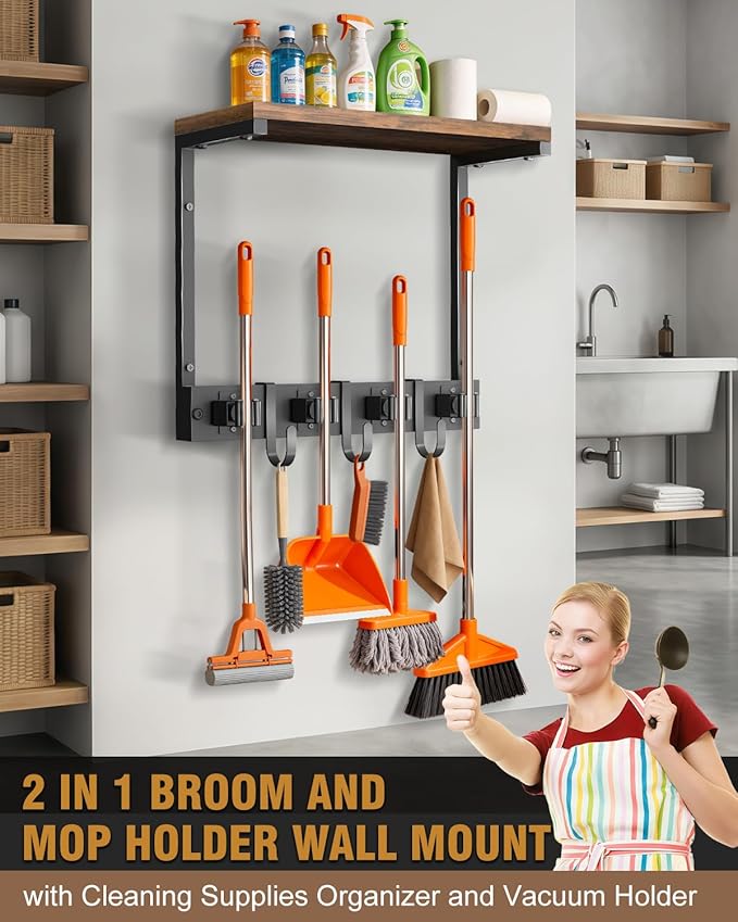 Broom Holder Wall Mount with Top Wooden Shelf, Heavy Duty Metal Cleaning Supplies Broom Hanger with 4 Slots & 3 Hooks for Laundry Garage Tool Storage Kitchen (Small)
