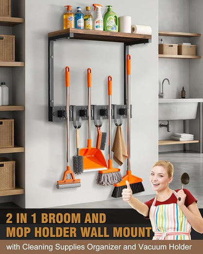 Broom Holder Wall Mount with Top Wooden Shelf, Heavy Duty Metal Cleaning Supplies Broom Hanger with 4 Slots & 3 Hooks for Laundry Garage Tool Storage Kitchen (Small)
