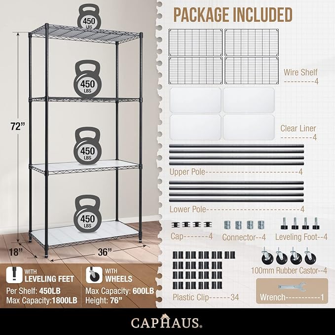 CAPHAUS NSF Heavy Duty Wire Shelving w/Wheels, Leveling Feet & Liners, Storage Metal Shelf, Garage Shelving Storage, Utility Wire Rack Storage Shelves, W/White Clear Liner, 36 x 18 x 76 4-Tier