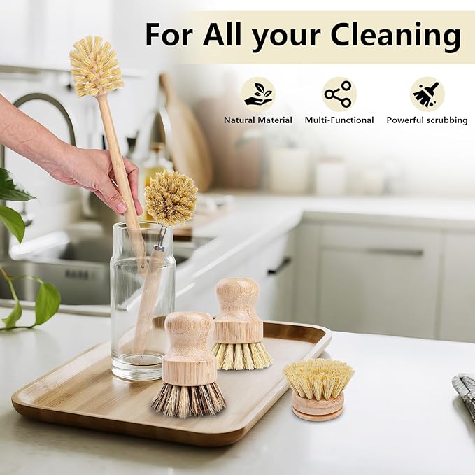 5 Pack Bamboo Dish Brush Set, Wooden Dish Brush with 14’’ Bottle Brush, Natural Kitchen Scrub Brush for Dishes Pots, Pans, Sinks, Woks, Vegetables