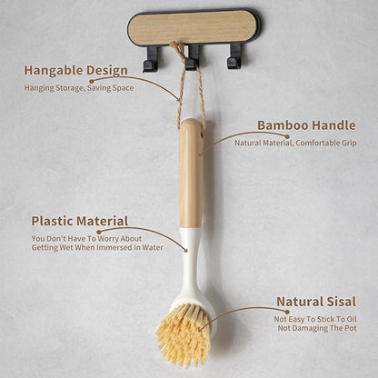 Dish Brush with Built-in Scraper - 4 Pack Bamboo Dish Scrubber Brush with Handle, Kitchen Brushes for Dishes & Pots, Sink, Eco Cleaning Tool Set