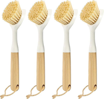 Dish Brush with Built-in Scraper - 4 Pack Bamboo Dish Scrubber Brush with Handle, Kitchen Brushes for Dishes & Pots, Sink, Eco Cleaning Tool Set