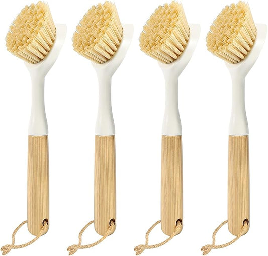 Dish Brush with Built-in Scraper - 4 Pack Bamboo Dish Scrubber Brush with Handle, Kitchen Brushes for Dishes & Pots, Sink, Eco Cleaning Tool Set
