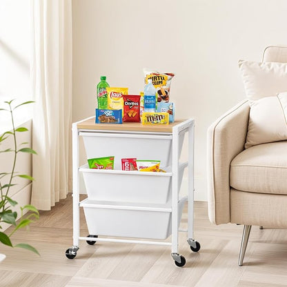 Rolling Cart with 3 Drawers, Plastic Drawer Storage Carts with Lockable Wheels & Wooden Tabletop, Metal Utility Cart Organizer, Office Bedroom Classroom Craft Organization and Storage, Bright White