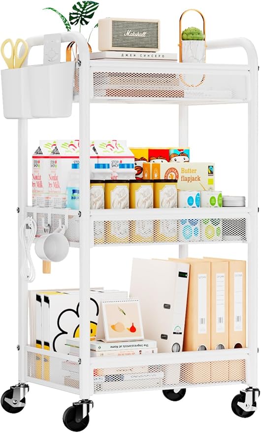 YASONIC 3 Tier Rolling Cart – Metal Utility Storage Carts with Wheels, Craft Carts Organizer with Hanging Cups, Hooks, Mesh Basket for Bedside Kitchen Office Art, White